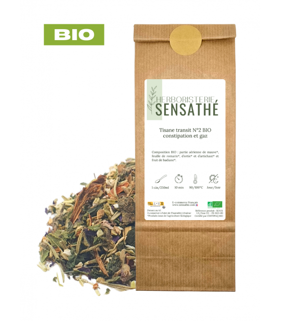 Tisane transit N°2 BIO constipation et gaz, plantes en vrac